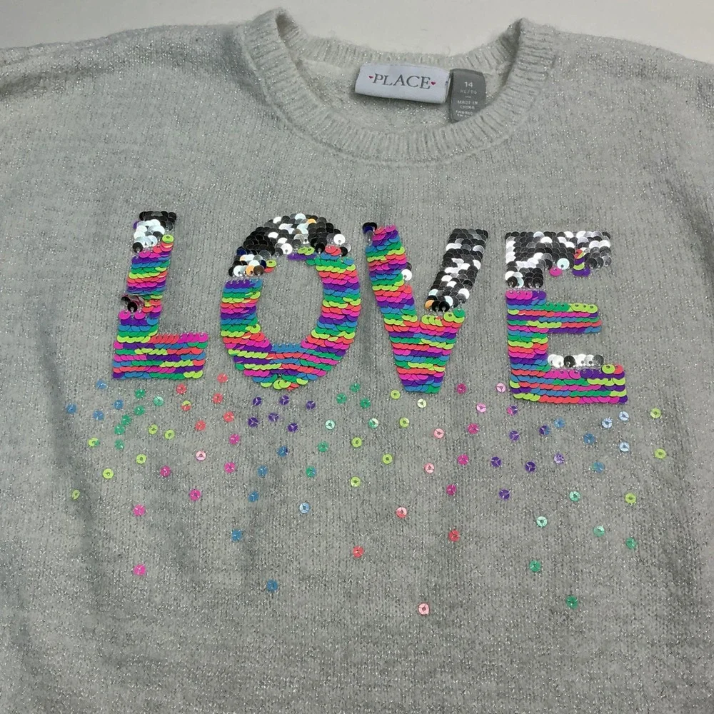 The Children's Place Grey Shimmer LOVE Sweater Girls Size 14 XL Rainbow Sequin